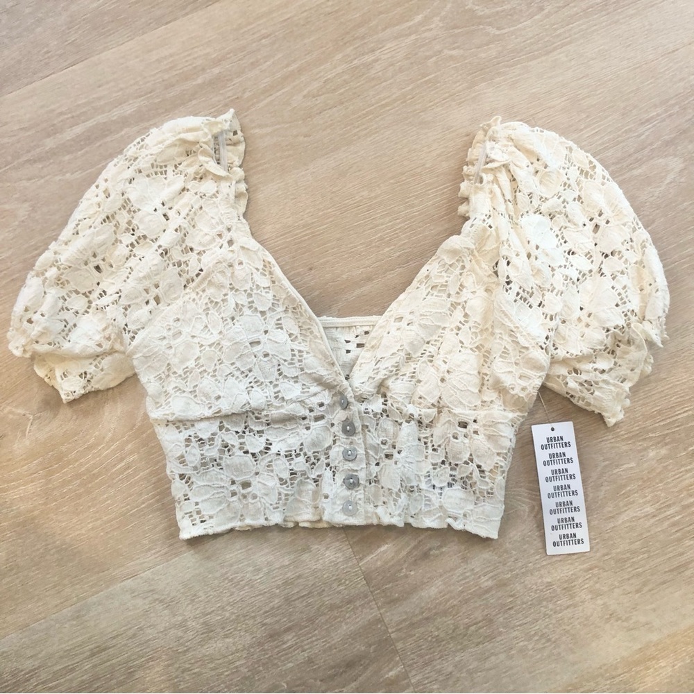 Urban Outfitters Cream Lace Puff-Sleeve Cropped Top